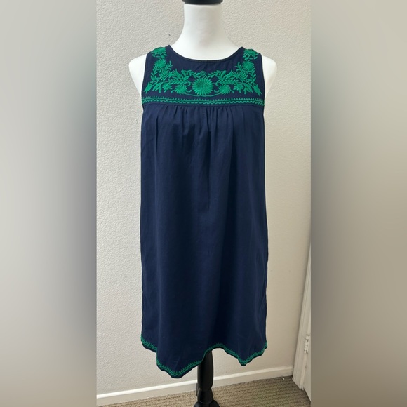 J Crew linen embroidered shift dress, navy and green, with pockets XS, bohemian - Picture 2 of 14